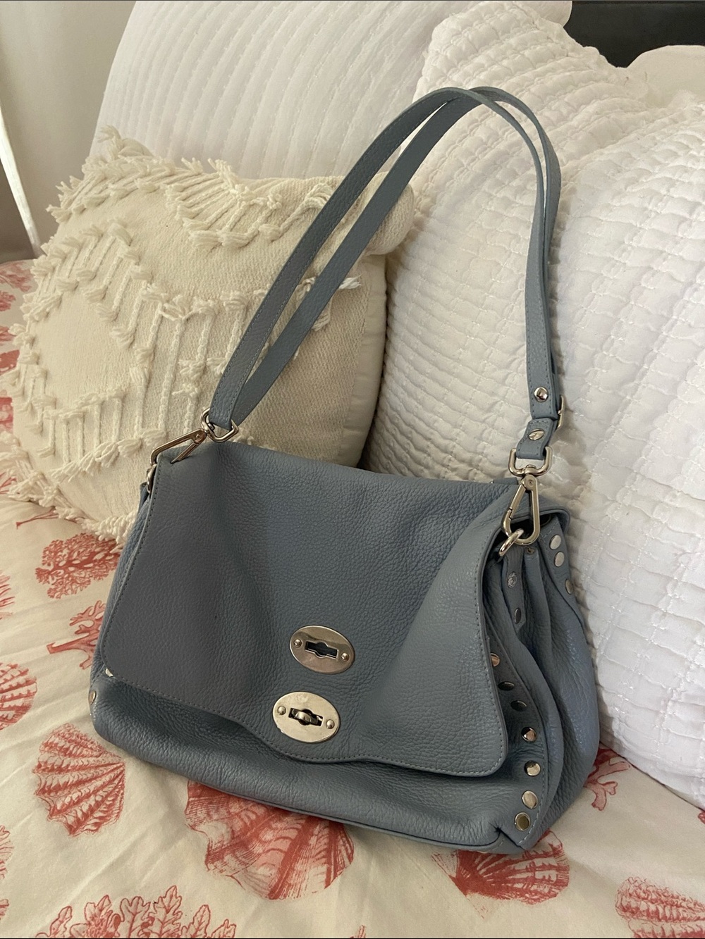 Pebbled Leather Shoulder Bag in Dusty Blue